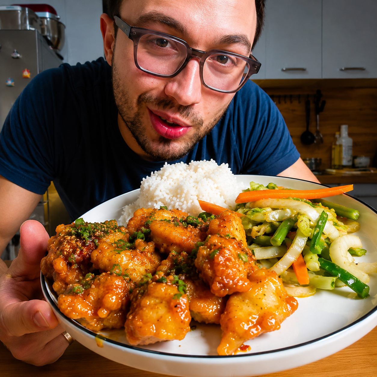 Ben présentant une assiette de poulet glacé, riz et légumes sautés